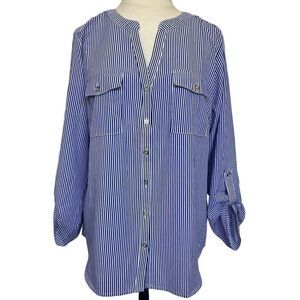 🔥4/$25 Notations Striped Button Down Blue White Large